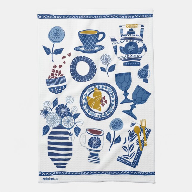 Let's Do Brunch! Tea Towel in Navy and White (Vertical)