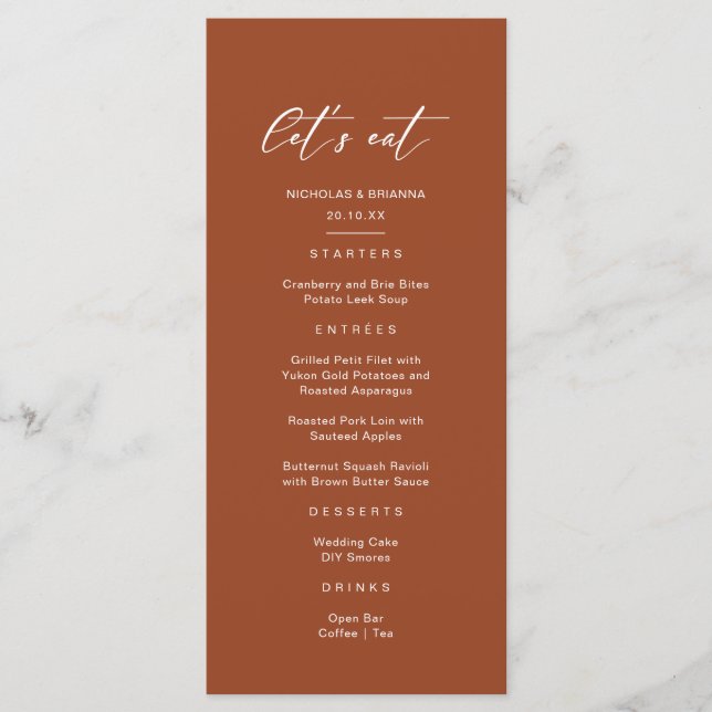 Let's Eat Boho Terracotta Wedding Menu (Front)