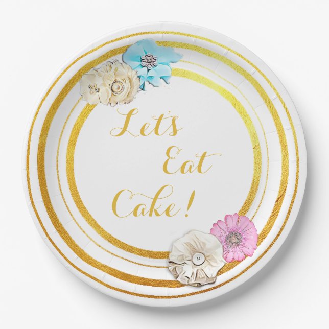 Let's Eat Cake Pink & Blue Floral  Paper Plates (Front)