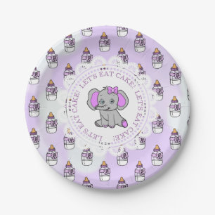 Let's Eat Cake Purple Elephant Themed Baby shower Paper Plate