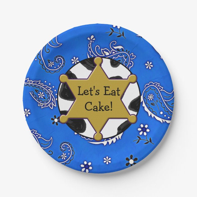 Lets Eat Cake Sheriff Badge blue Bandanna Plates (Front)