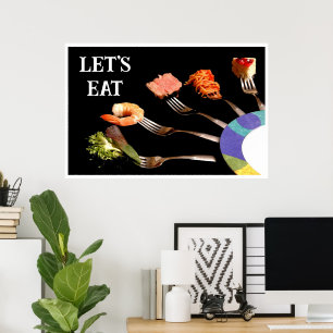 Let's Eat Food on Forks Black Modern Poster