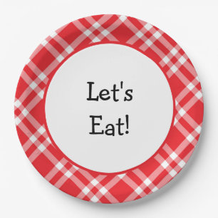 Let's Eat Red and White Plaid Paper Plate