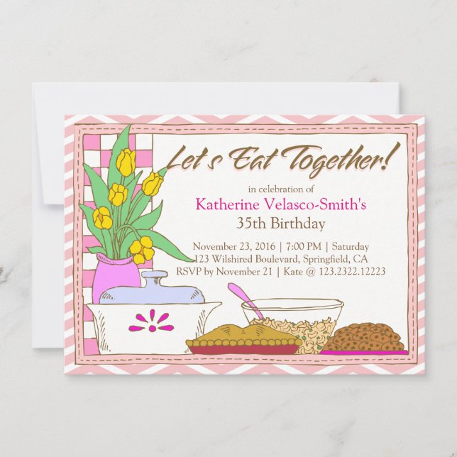Let's Eat Together Dinner or Lunch Birthday Feast Invitation (Front)