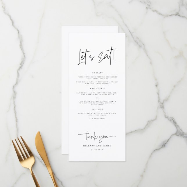 Let's Eat Whimsical Calligraphy Modern Wedding Menu (Front/Back In Situ)