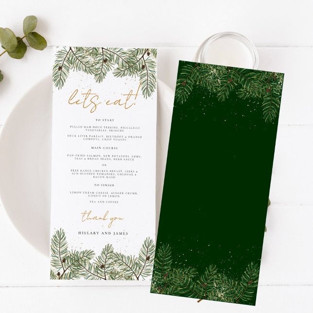 Let's Eat Whimsical Green Gold Pine Cone Weddings Menu (Creator Uploaded)