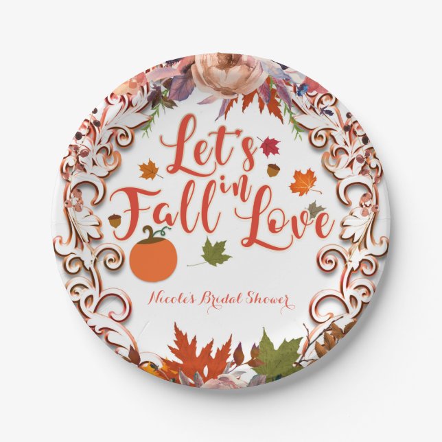 Let's Fall In Love Autumn Floral BRIDAL SHOWER Paper Plate (Front)