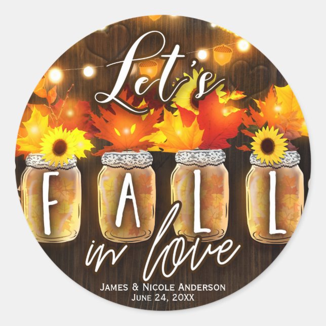 Let's Fall in Love Autumn Leaves & Lights Wedding Classic Round Sticker (Front)