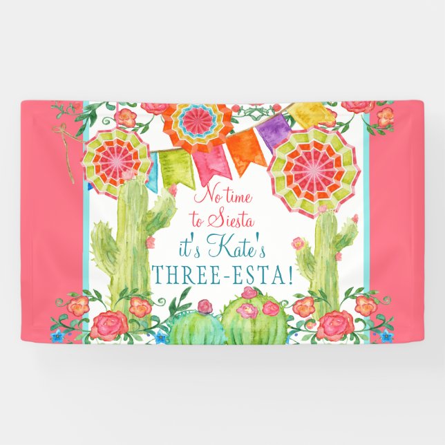 Lets Fiesta 3rd Birthday Cactus Flowers Girl Party Banner (Horizontal)