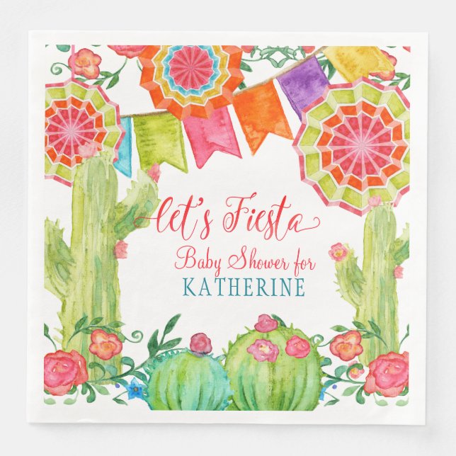 Lets Fiesta Baby Shower Watercolor Cactus Floral Napkin (Front)