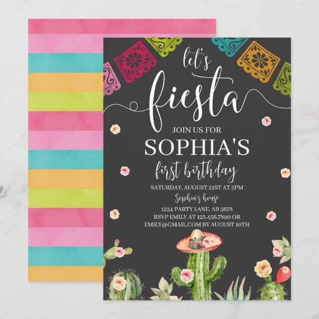 Let's Fiesta Birthday Invitation Black (Front/Back)