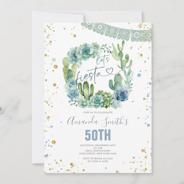 Let's Fiesta Blue Cactus Floral Any Age Birthday Invitation (Front)