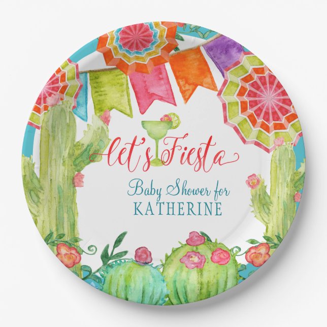 Lets Fiesta Cactus Blue Baby Shower Boy Margarita Paper Plate (Front)