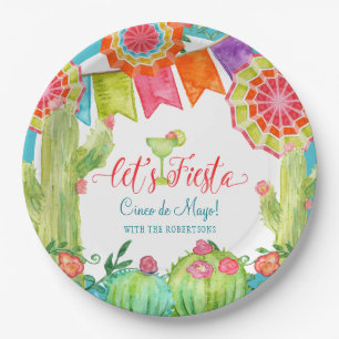 Lets Fiesta Cactus Blue Cinco de Mayo Margarita Paper Plate