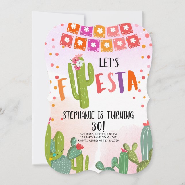 Let's Fiesta Party Mexican Cactus Adult Birthday Invitation (Front)