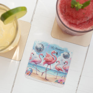 Let's Flamenco! Birthday Beach Bash Square Paper Coaster