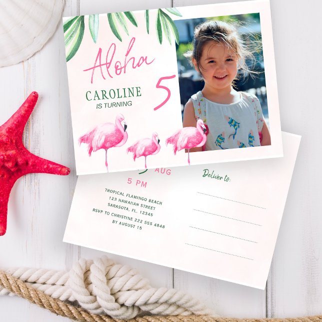 Lets flamingle aloha tropical PHOTO birthday party Invitation Postcard (Creator Uploaded)