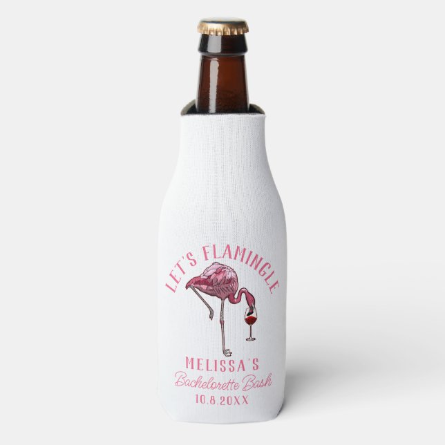 Lets Flamingle Flamingo Bachelorette Weekend Party Bottle Cooler (Bottle Front)