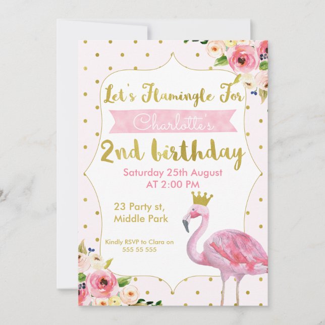 Let's Flamingle Floral 2nd Birthday Invitation (Front)