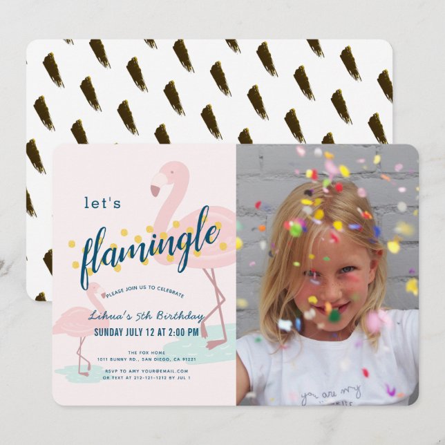 Let's Flamingle Framingo Pink Photo Girl Birthday Invitation (Front/Back)