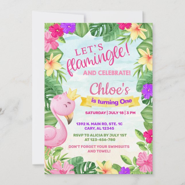 Let's flamingle, girl flamingo birthday invite. invitation (Front)