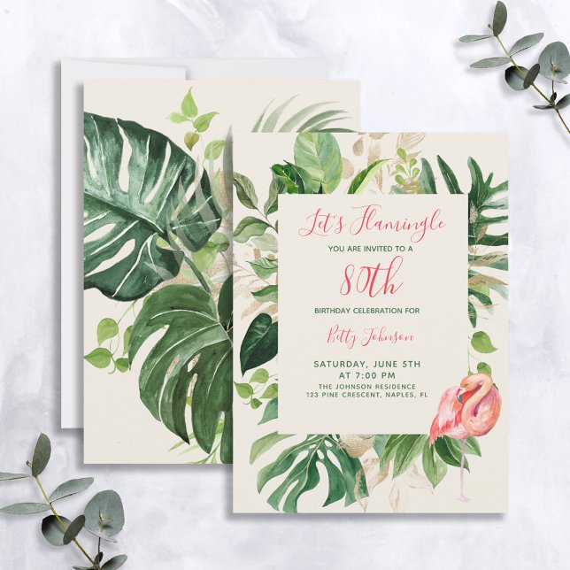 Let's Flamingle Pink 80th Tropical Birthday Party Invitation (Creator Uploaded)