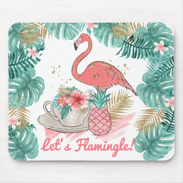 Lets Flamingle  Pink and Gold Glitter Flamingo Mouse Mat (Front)