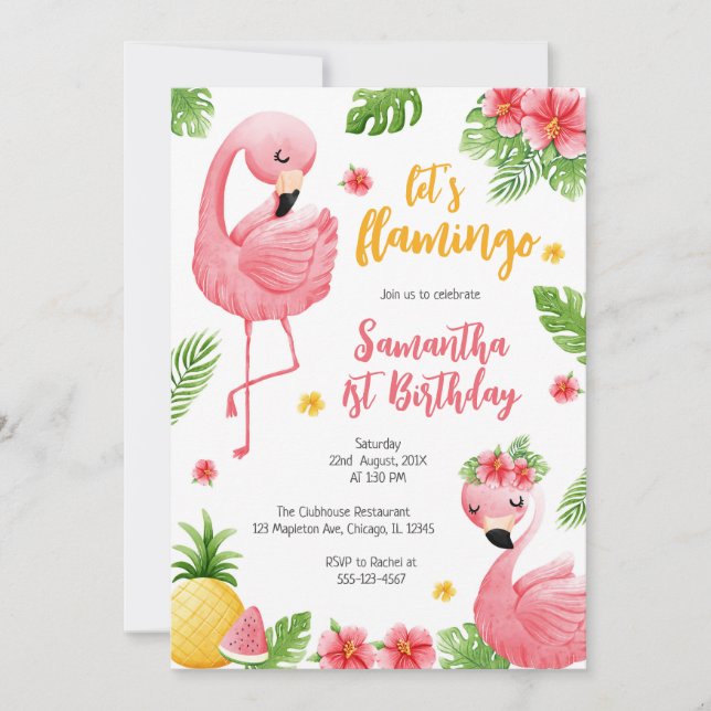 Let's Flamingle Pink Girl Tropical Birthday Invitation (Front)