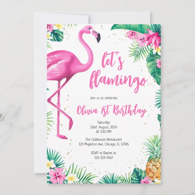 Let's Flamingle Pink Girl Tropical Birthday Invitation (Front)