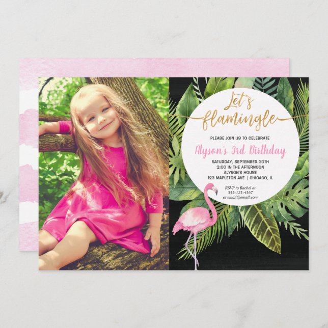 Let's flamingle pink gold Flamingo birthday photo Invitation (Front/Back)