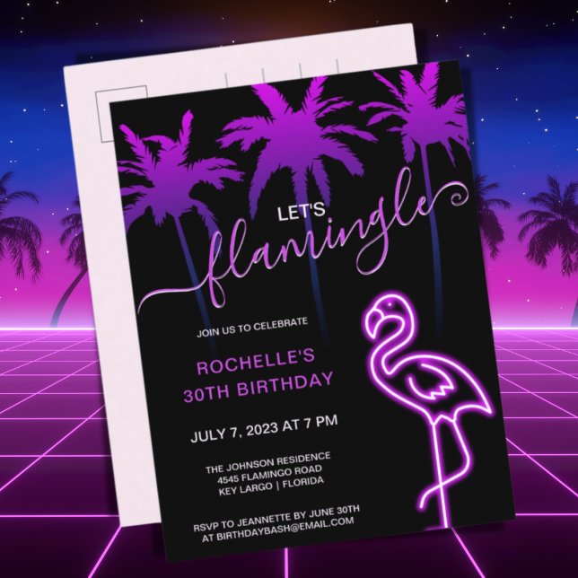 Let's Flamingle Pink Neon Flamingo 30th Birthday I Invitation Postcard (Creator Uploaded)