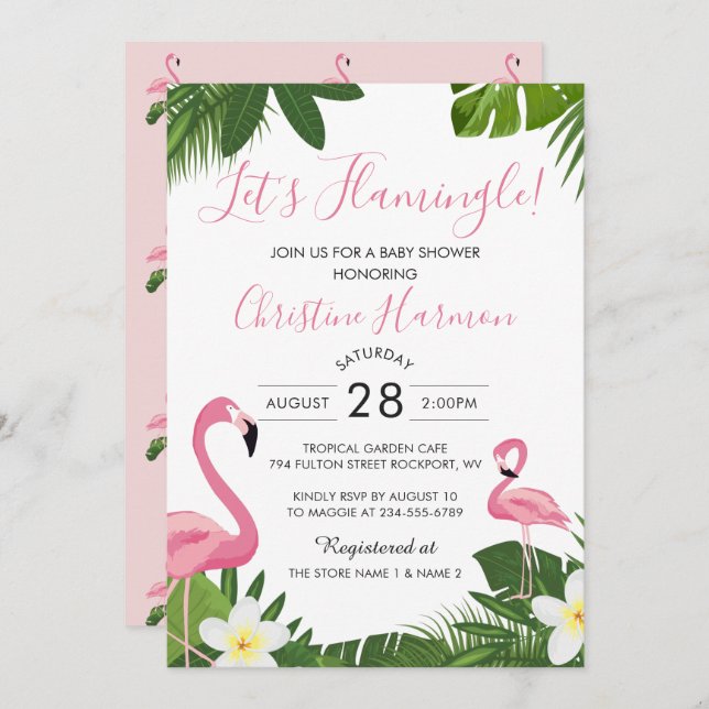 Let's Flamingle Tropical Pink Flamingo Baby Shower Invitation (Front/Back)