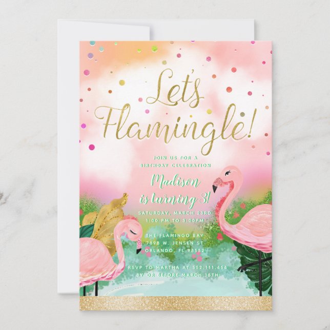 Let's Flamingle Tropical Pink Flamingos Invitation (Front)