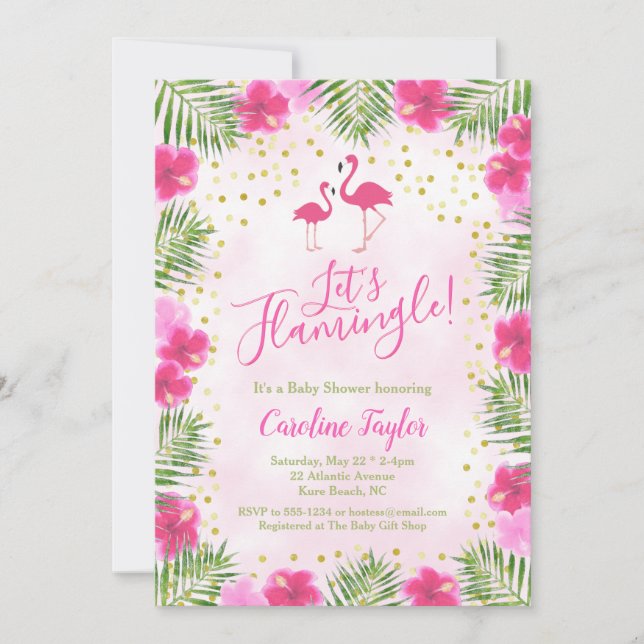 Let's Flamingle Tropical Pink Floral Baby Shower Invitation (Front)
