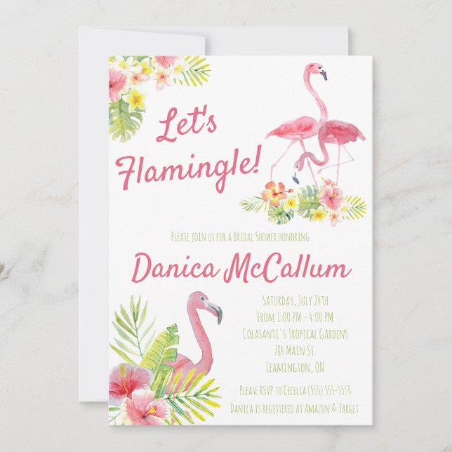 Let's Flamingle! Tropical themed Bridal Shower Invitation (Front)