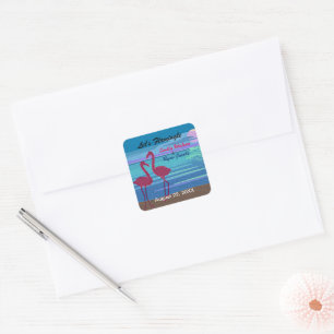 Let's Flamingle Wedding Beach at Dusk Couple Names Square Sticker