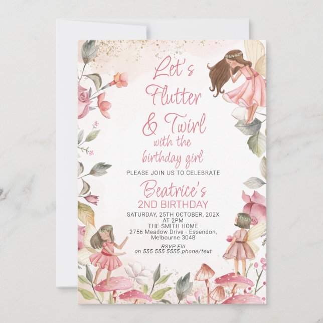Lets Flutter and Twirl Floral Fairy Birthday Invitation (Front)