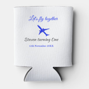 Let's fly together first birthday plane blue silve can cooler