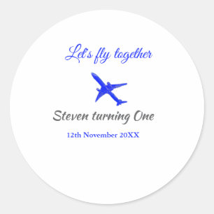 Let's fly together first birthday plane blue silve classic round sticker