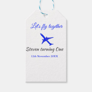 Let's fly together first birthday plane blue silve gift tags