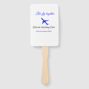 Let's fly together first birthday plane blue silve hand fan