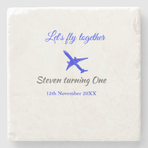 Let's fly together first birthday plane blue silve stone coaster