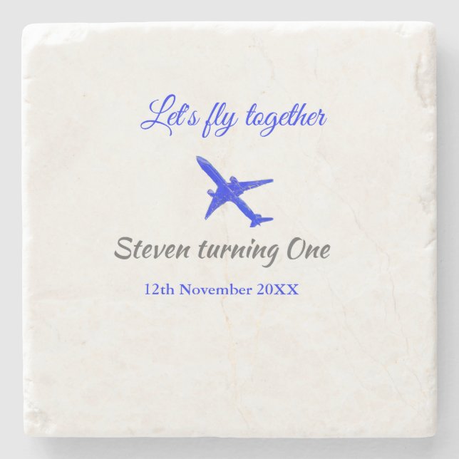 Let's fly together first birthday plane blue silve stone coaster (Front)