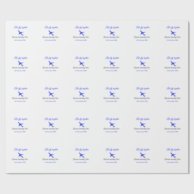 Let's fly together first birthday plane blue silve wrapping paper (Flat)
