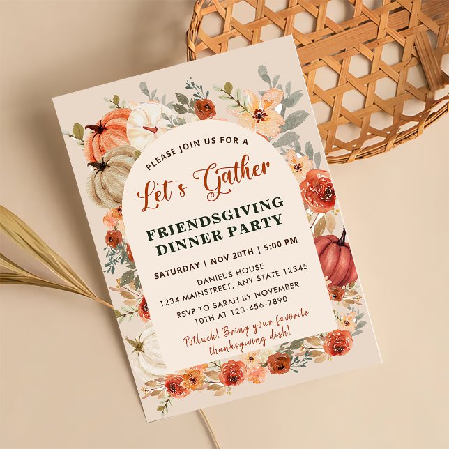 Let's Gather Floral Pumpkin Friendsgiving Dinner Invitation (Creator Uploaded)