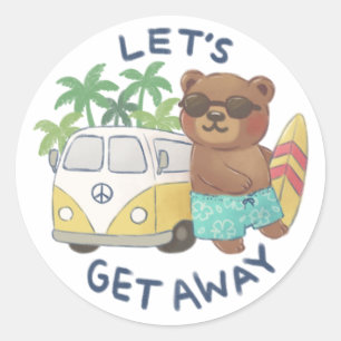 Let's Get Away: Teddy Bear & Vintage Van Drawing Classic Round Sticker