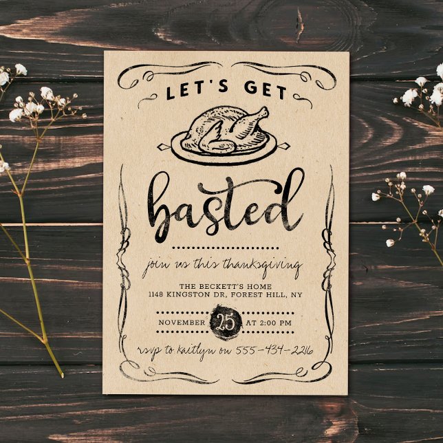 "Let's Get Basted" Rustic Kraft Thanksgiving Invitation (Creator Uploaded)