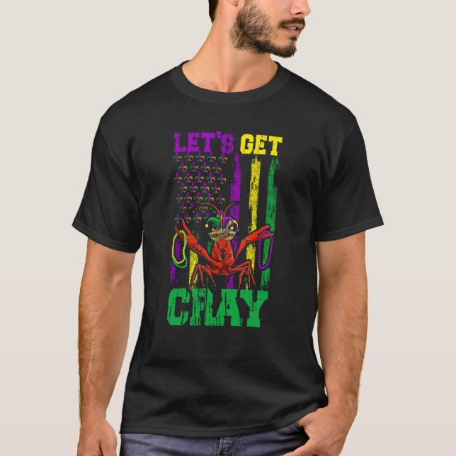 Let's Get Clay Crawfish Beads Mardi Gras Flag T-Shirt (Front)