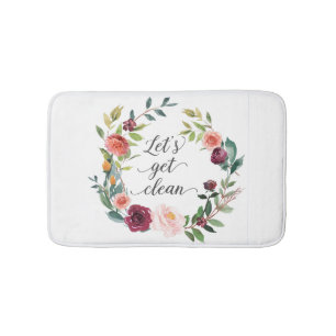 Let's Get Clean Typography Floral Wreath No1 Bath Mat
