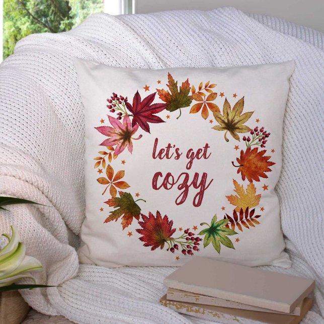 Let's Get Cosy Autumn Harvest Fall Leaves Wreath Cushion (Let's Get Cozy Autumn Harvest Fall Leaves Wreath Throw Pillow)